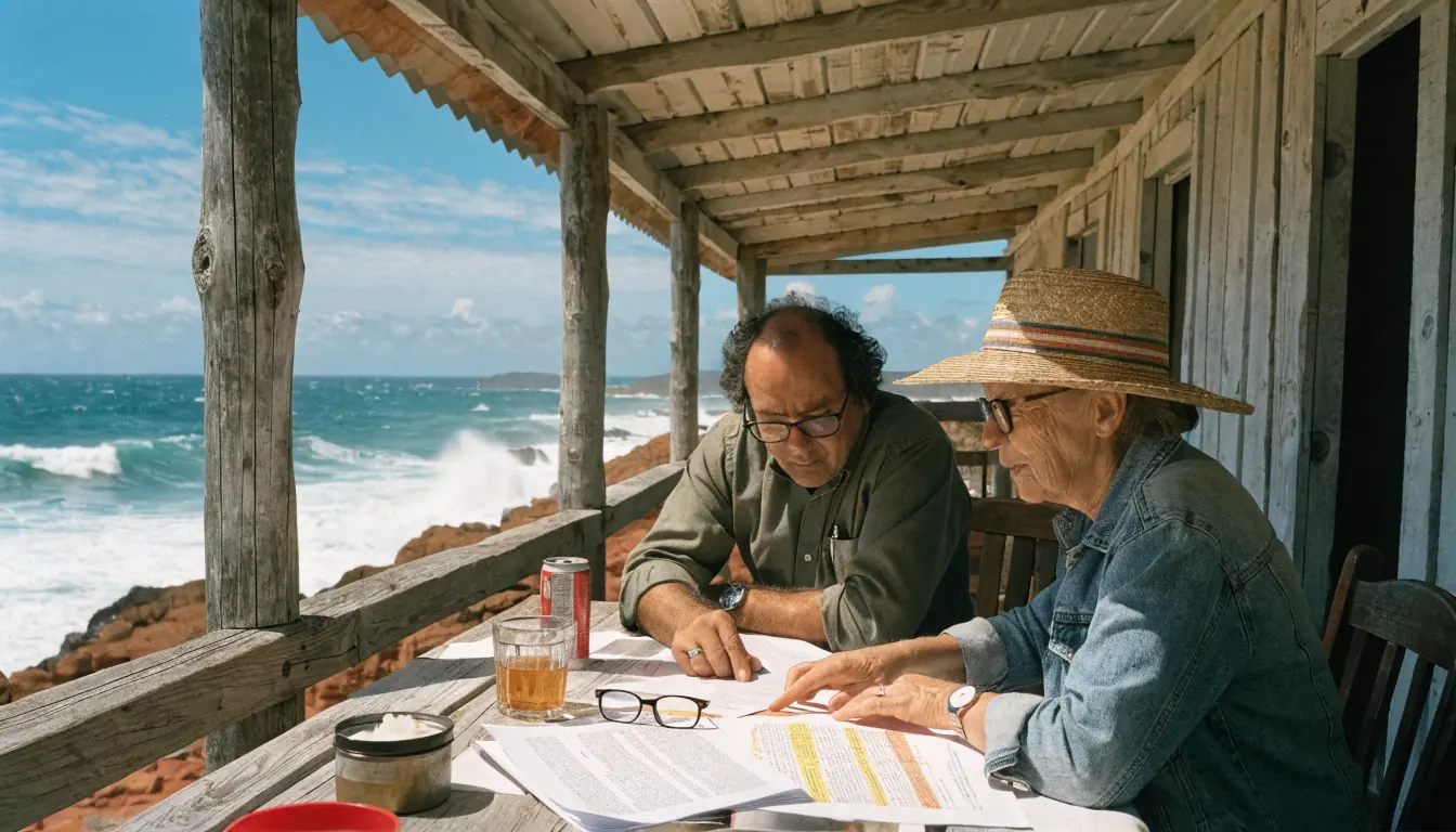 Two people reviewing legal papers on a seaside verandah