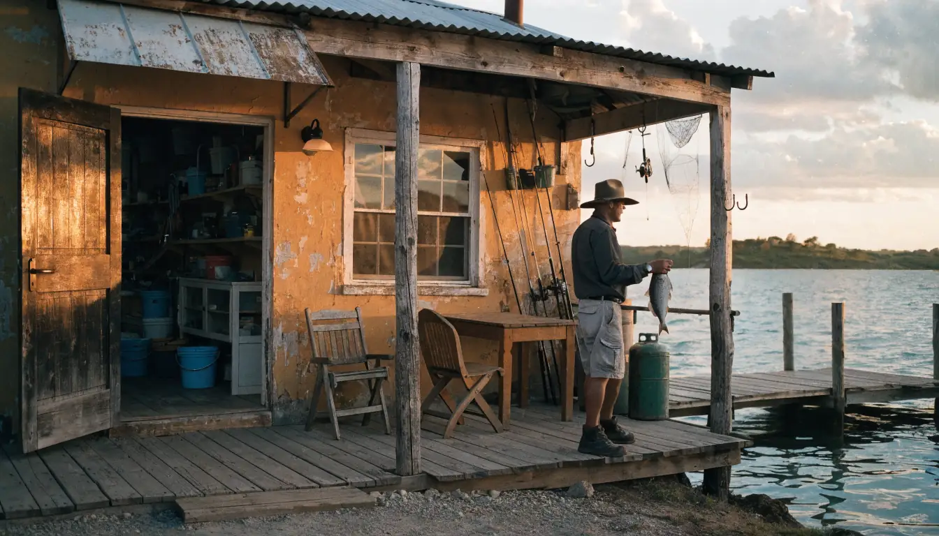 Man alone on bait shop verandah at sunset