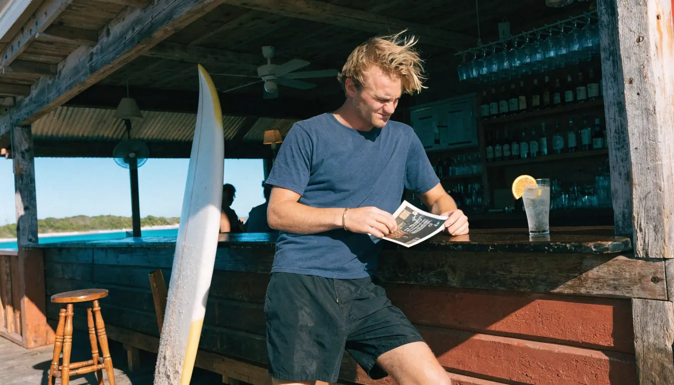 Surfer examining bonus flyer in a roadhouse