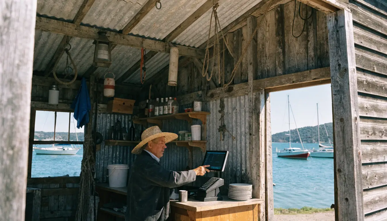 Shopkeeper showing simple cash register in boat shed