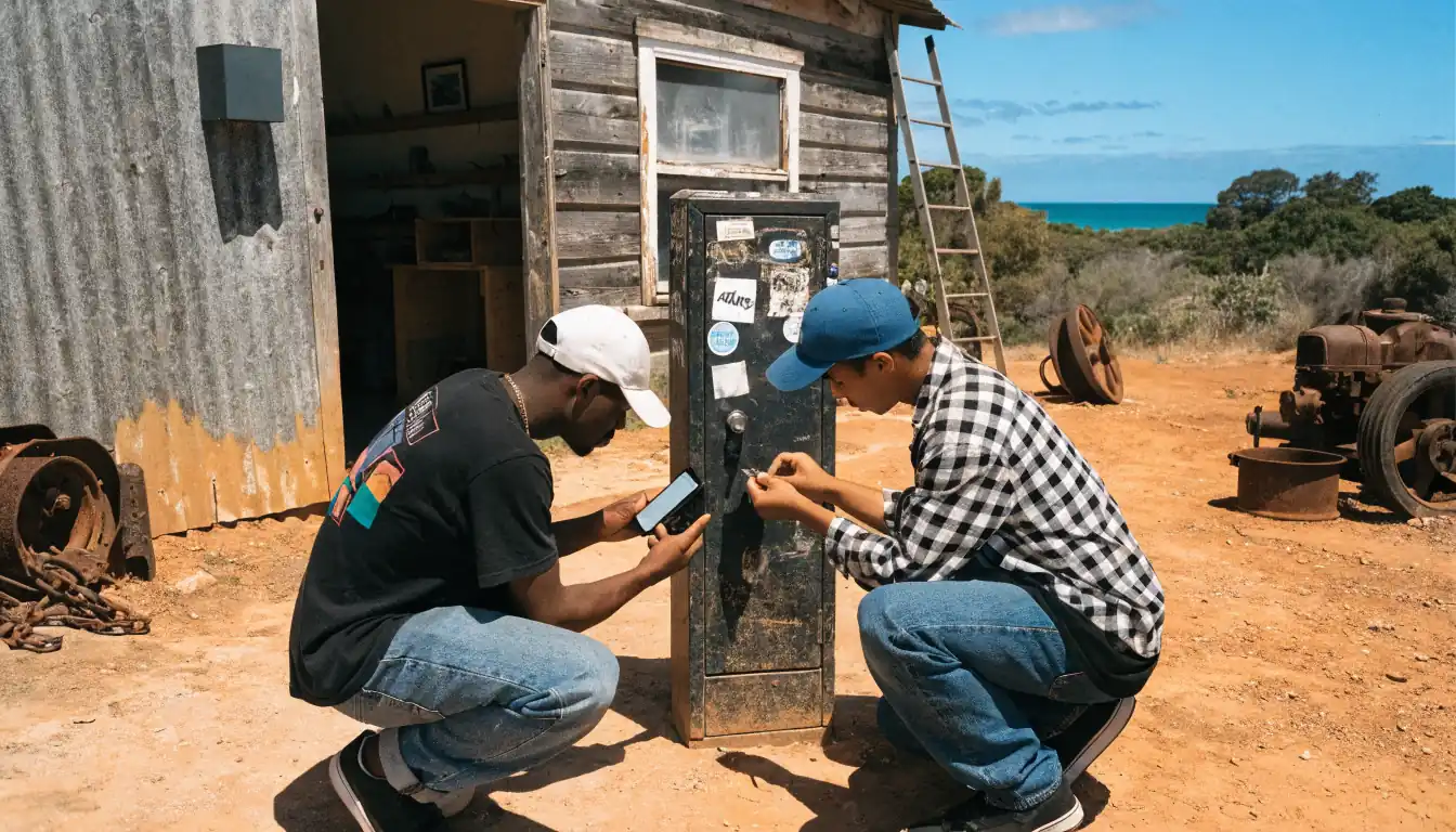 Technicians setting up two‑step security on rusted equipment