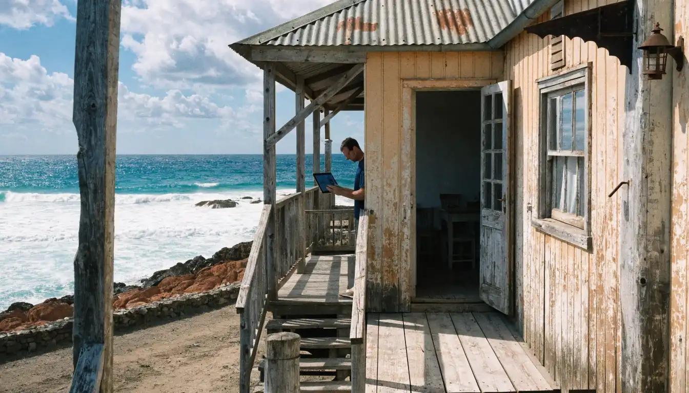Alone on seaside verandah, checking online