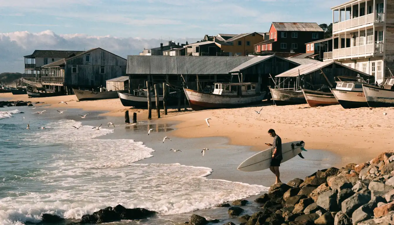Surfer with board on early‑morning beach