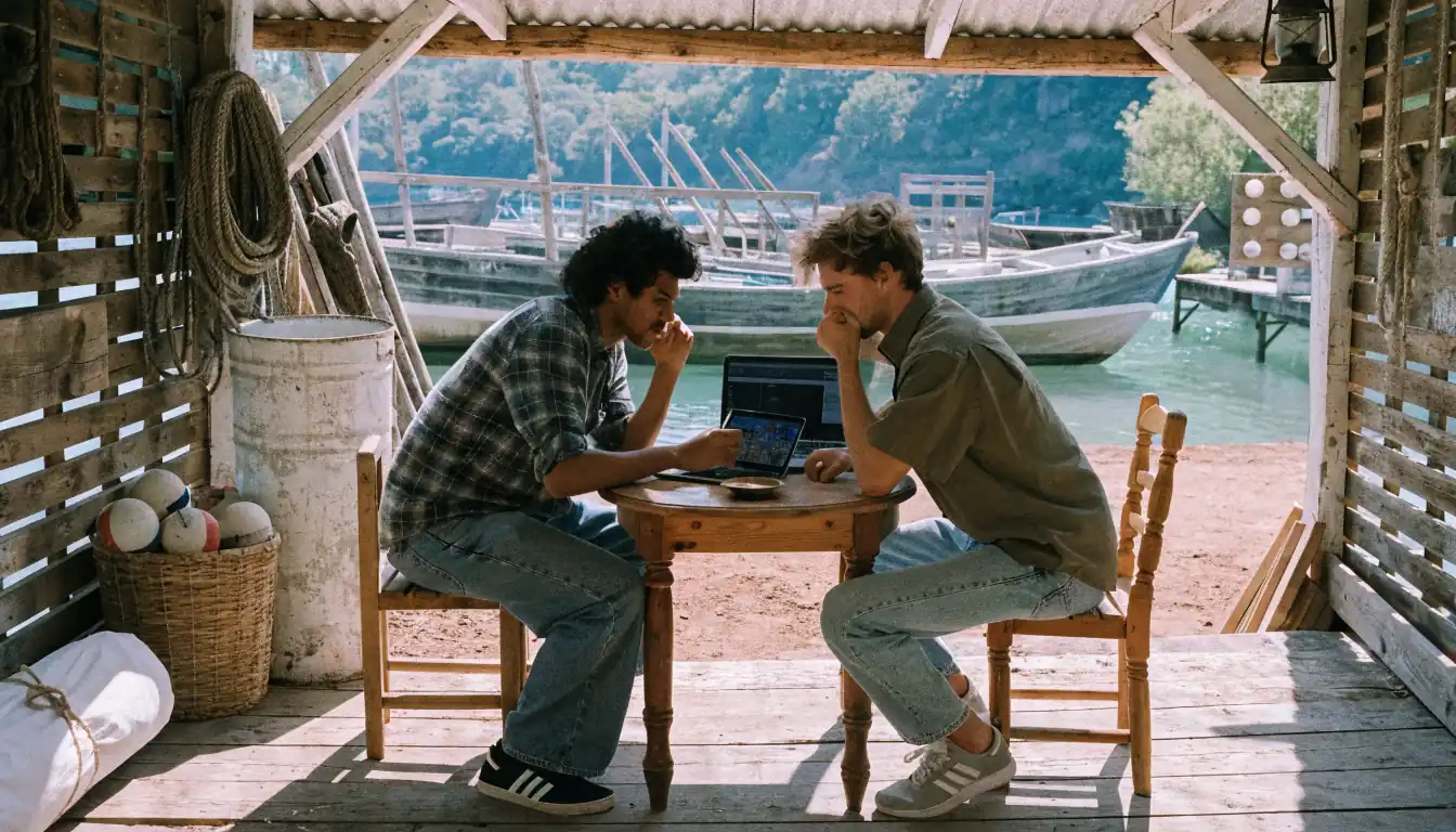 Two people compare phone and laptop in boat shed