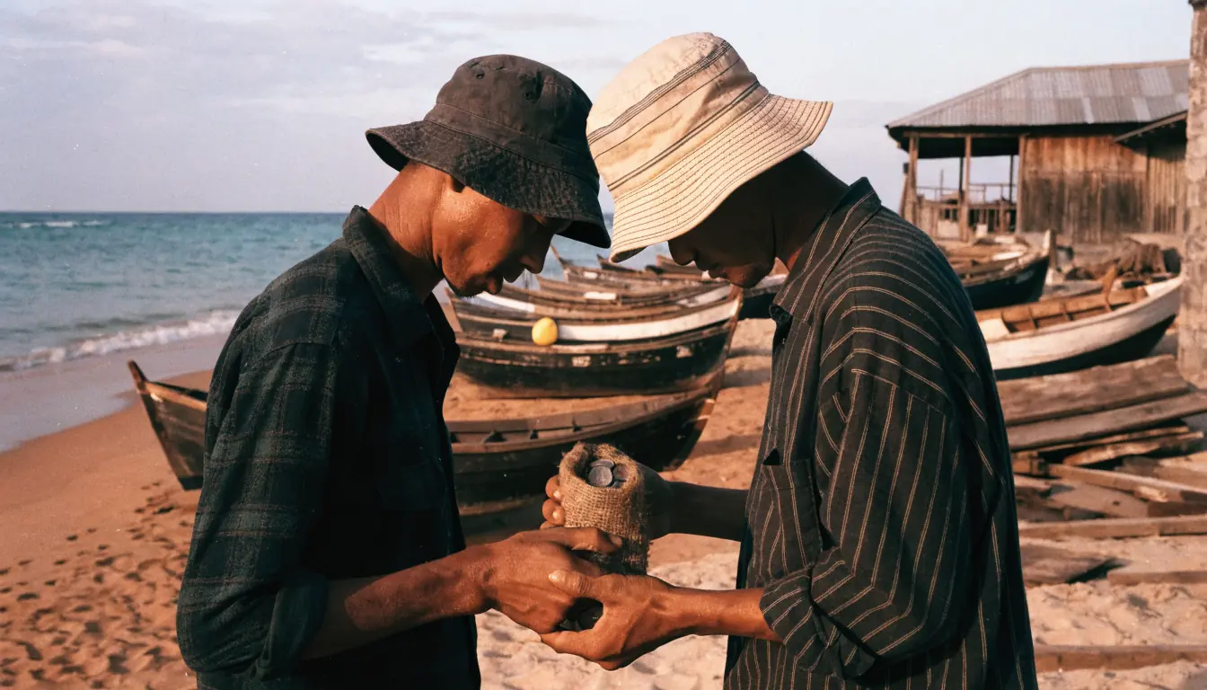 Two people exchange a sack of coins at sunset.