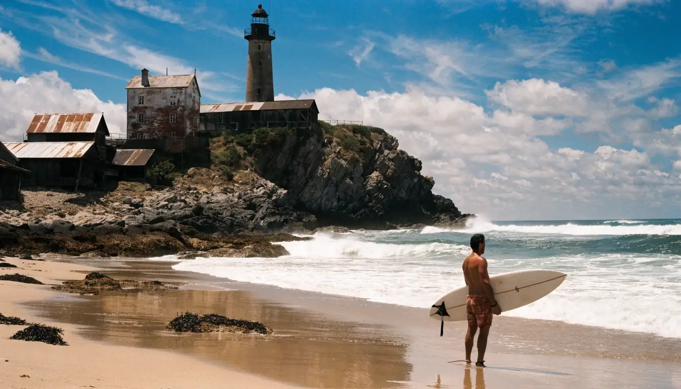Lighthouse, sunny headland, surfer with board
