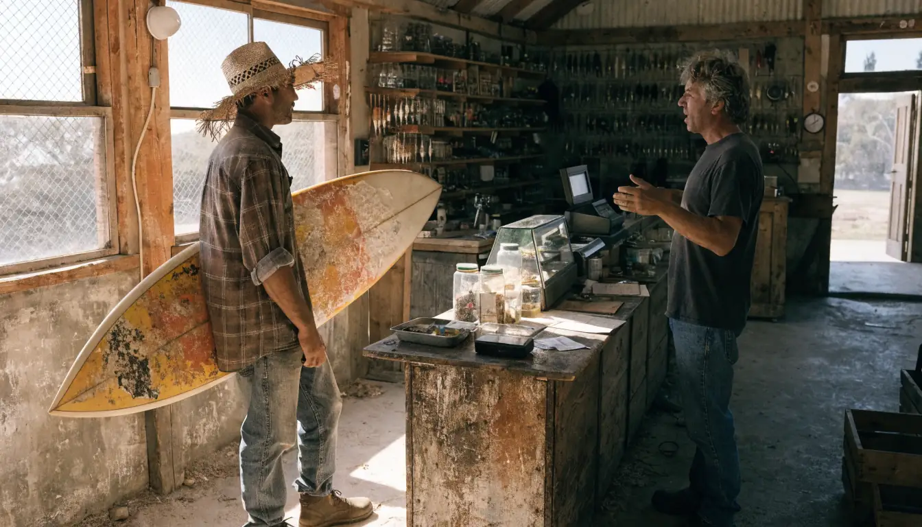Surfer in bait shop, holding board