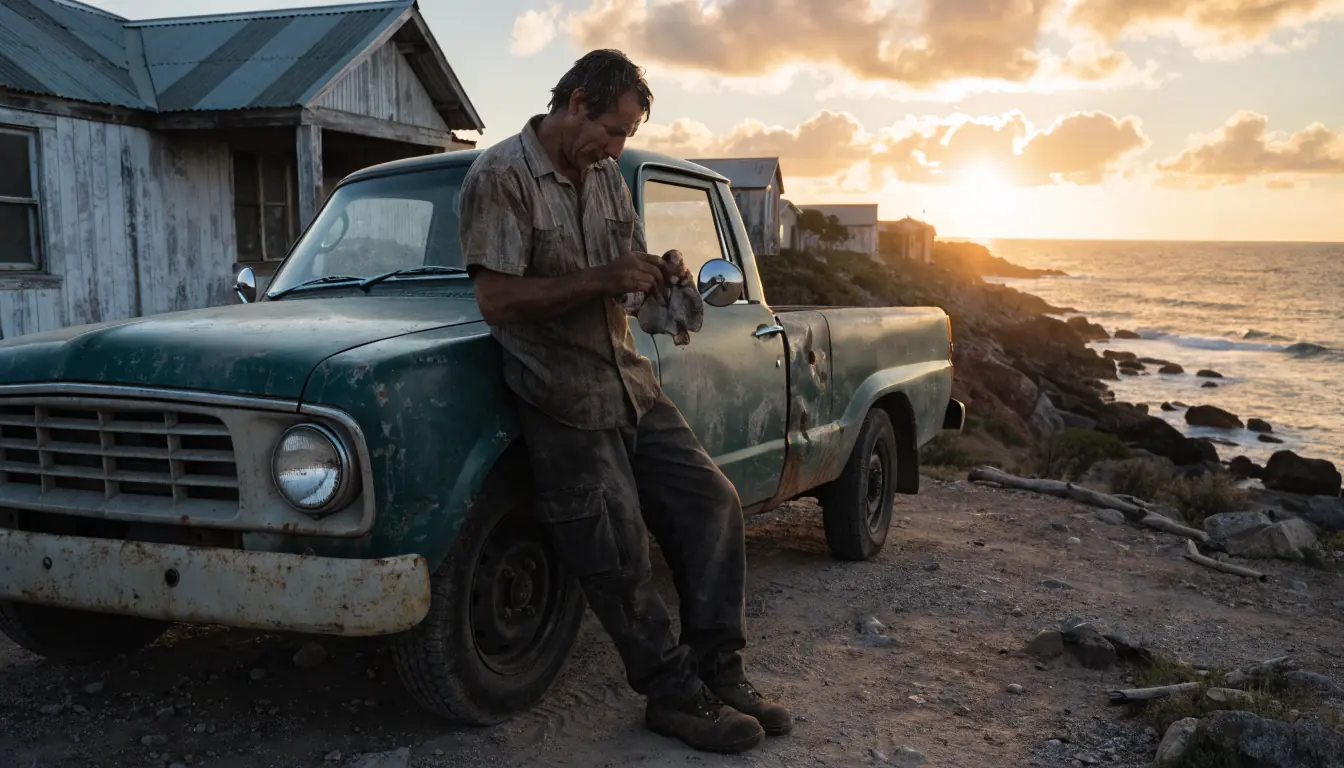 Mechanic by old ute at sunset