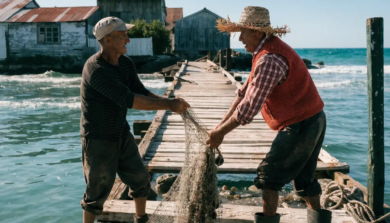 Two fishermen pulling net at sunrise