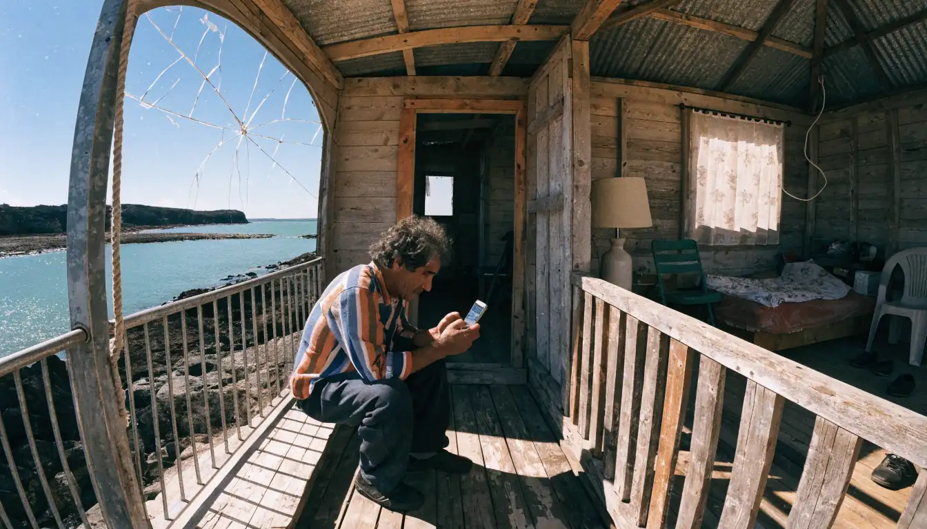 Person alone on verandah reading phone