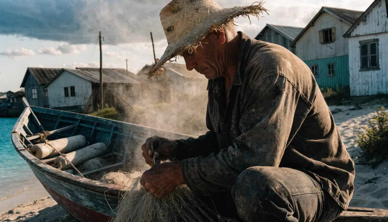 Fisherman repairing nets at twilight