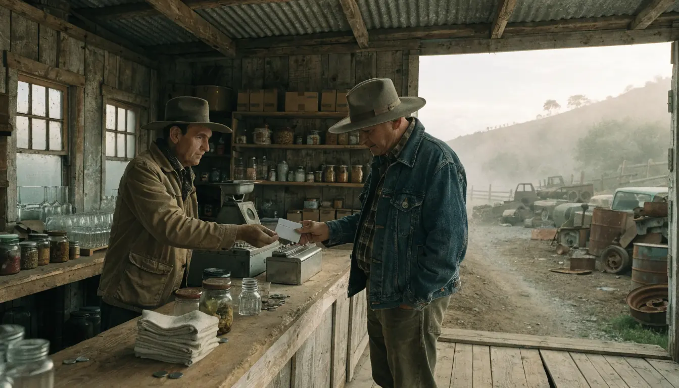 Shopkeeper offering envelope in foggy yard