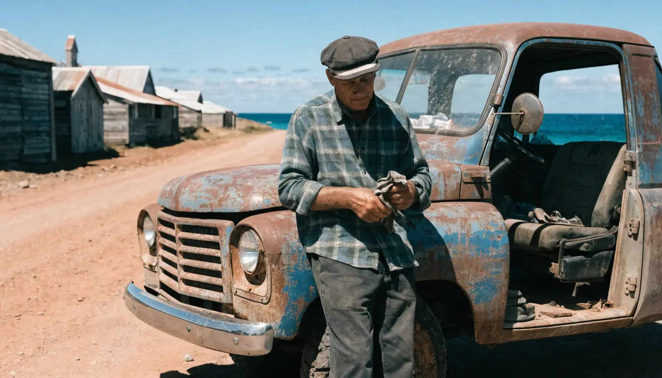 Mechanic beside dusty ute on coastal road.