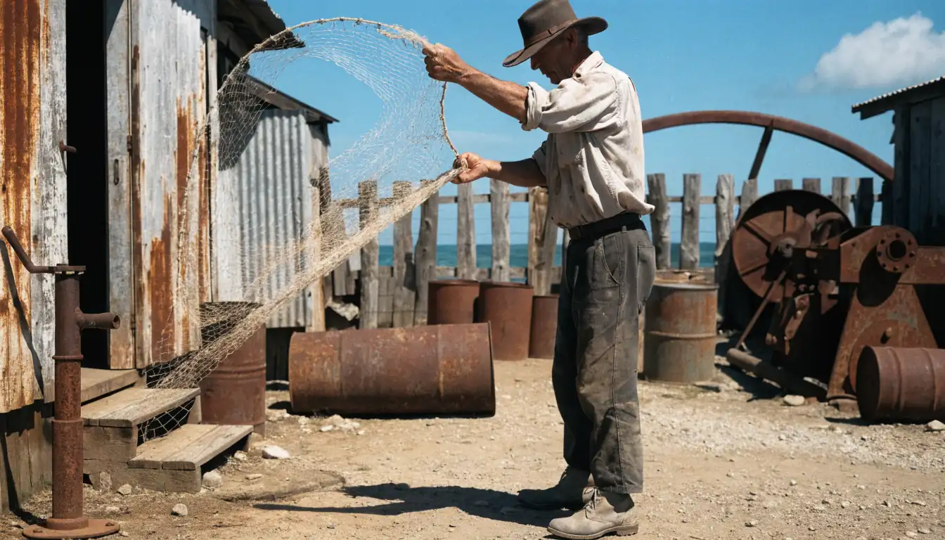 Fisherman working among rusted machinery.