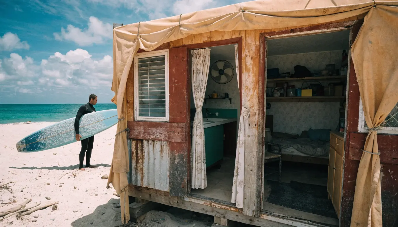Surfer beside coastal trailer home.