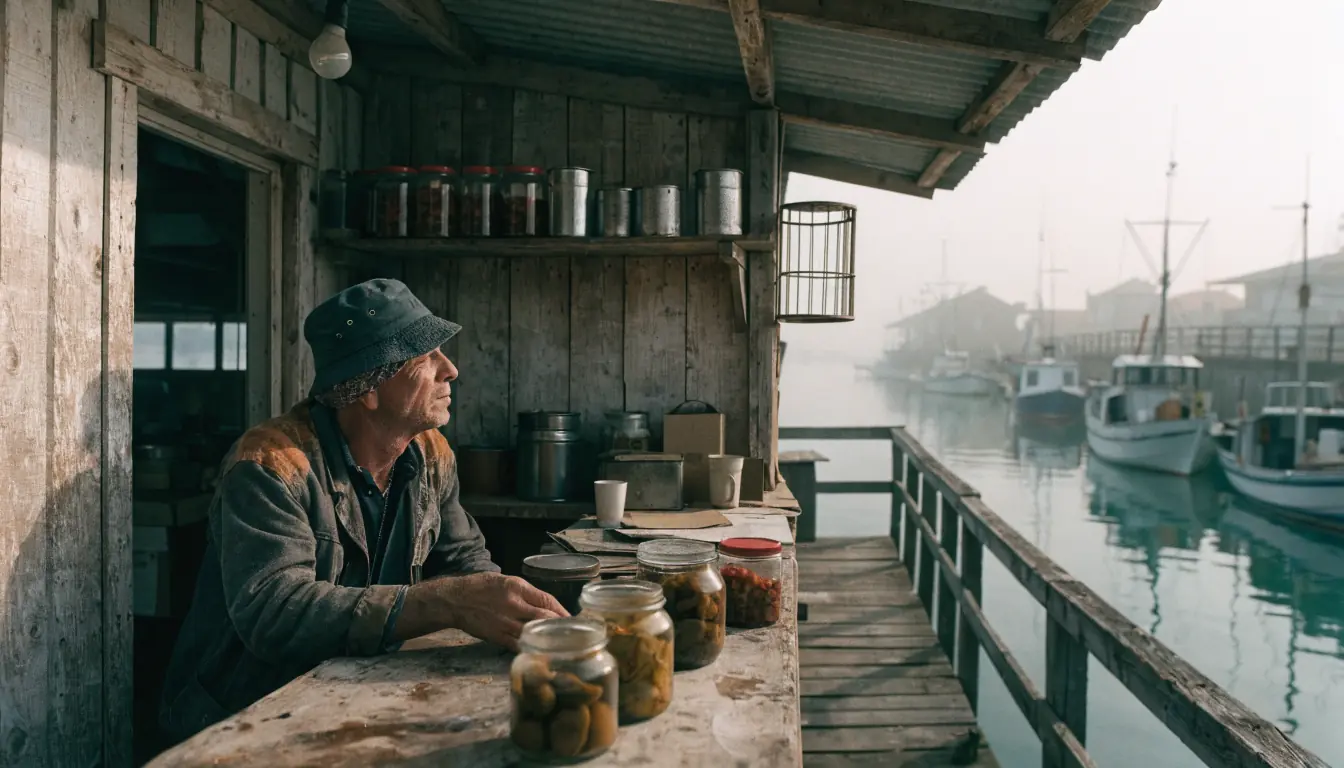Shopkeeper behind counter on misty jetty.