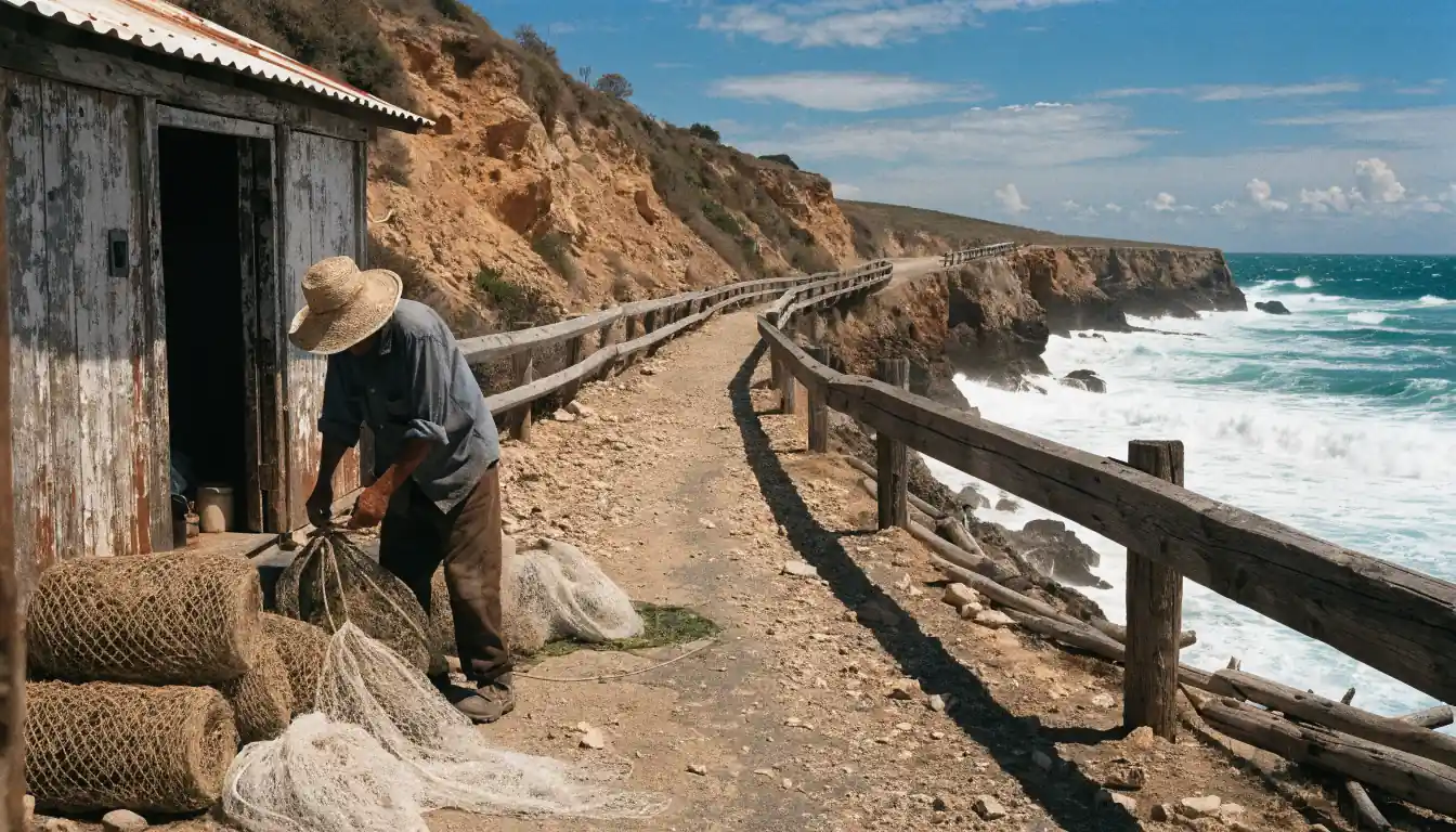 Fisherman on cliff road under blazing sun.
