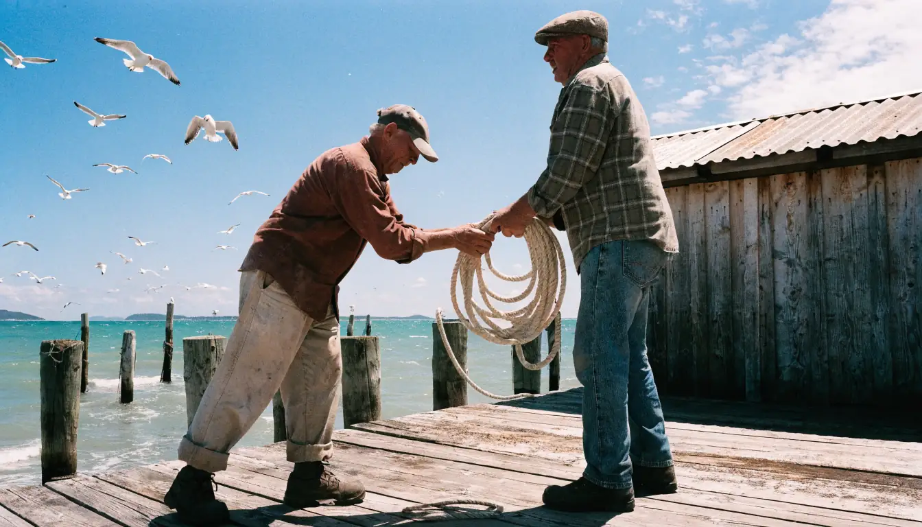 Two workers repairing a weathered jetty.