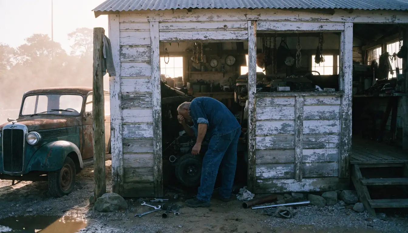 Mechanic fixing ute in misty boat shed.