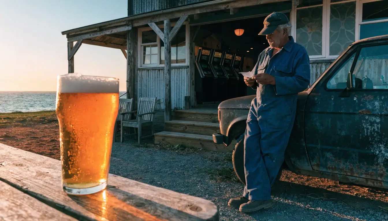 Mechanic beside ute at sunset beach pub.