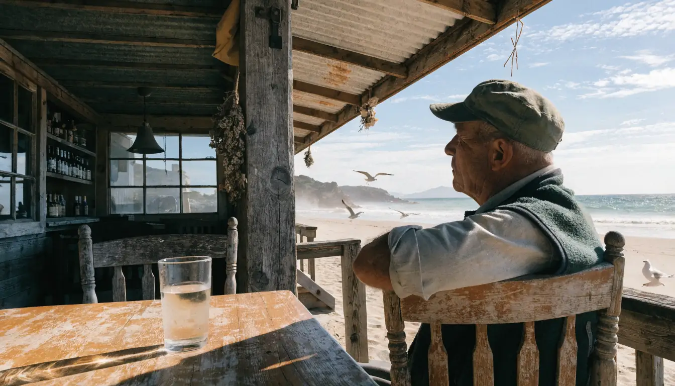 Person alone on verandah of beachside pub
