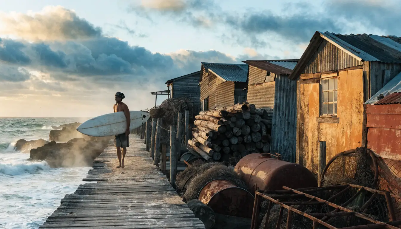 Surfer carrying board in foggy fishing settlement