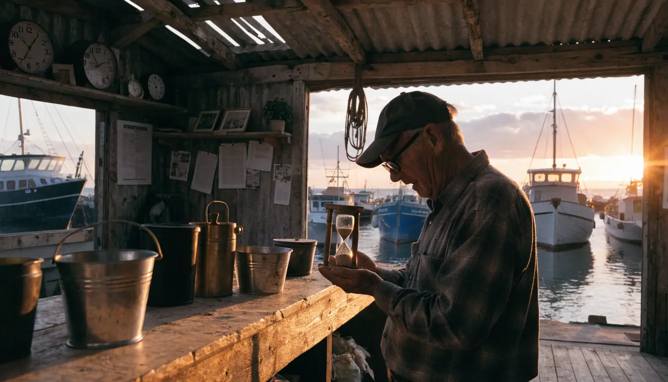 Shopkeeper watching hourglass in boat shed