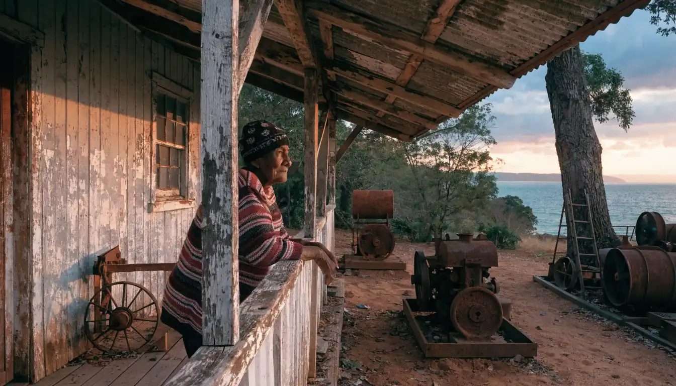 Person on verandah overlooking rusted yard