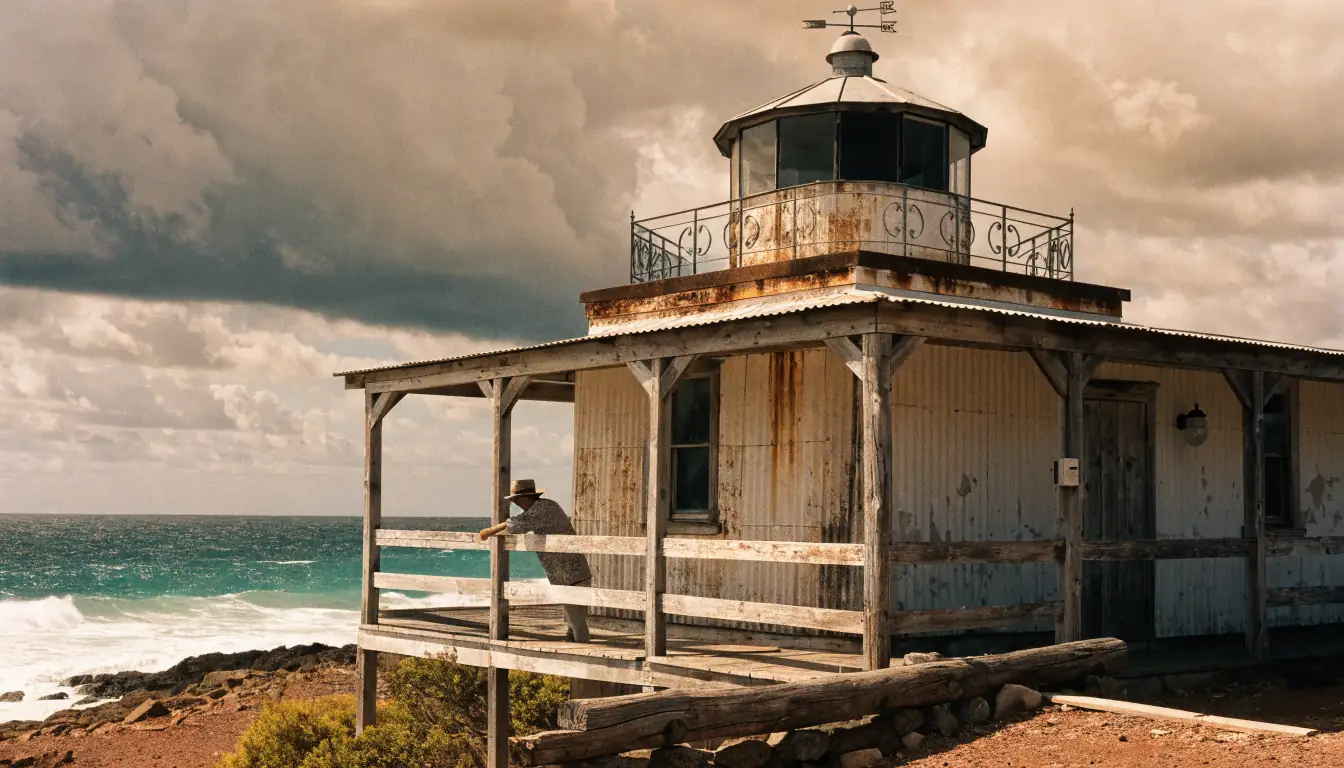 Lighthouse on headland, lone figure on verandah