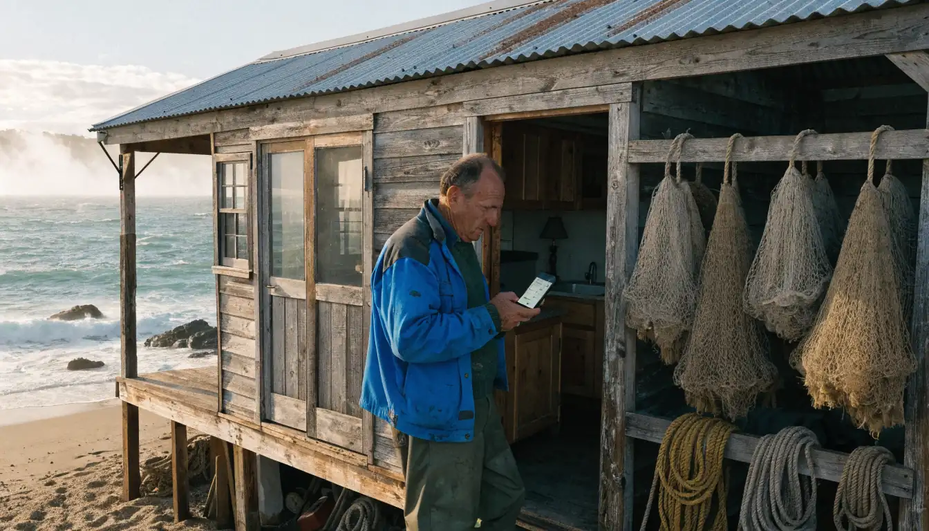 Fisherman checking phone beside foggy trailer