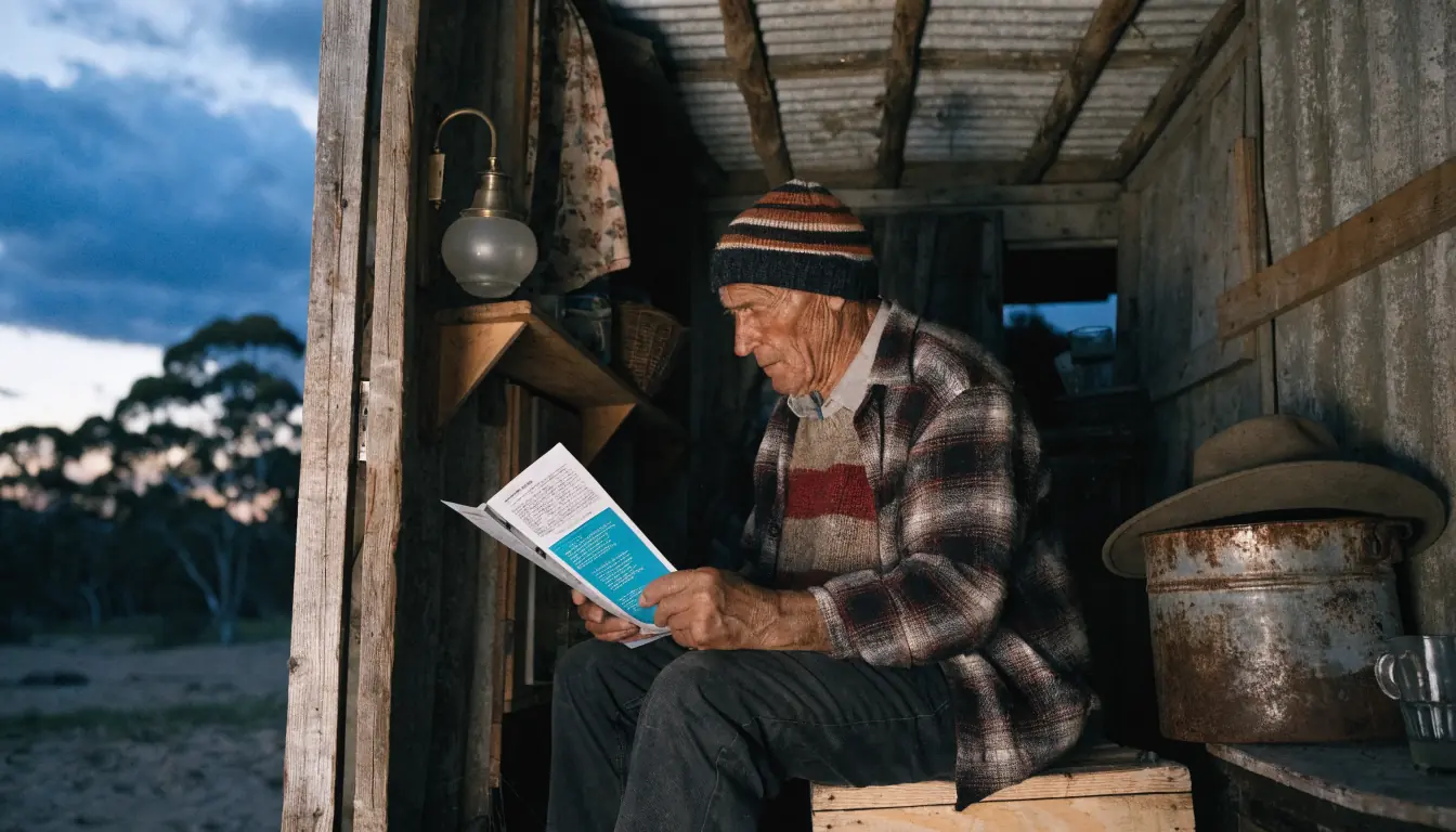 Fisherman reading gambling‑help brochure inside caravan