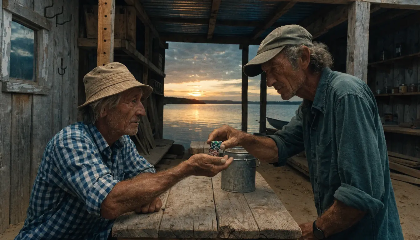 Two workers exchanging $2 chips in boat shed