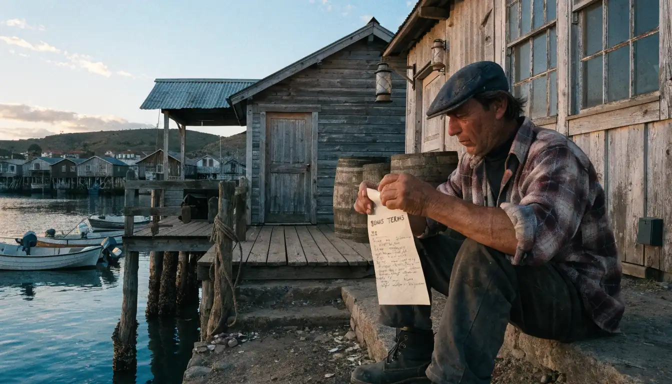 Fisherman holding bonus terms paper at dusk