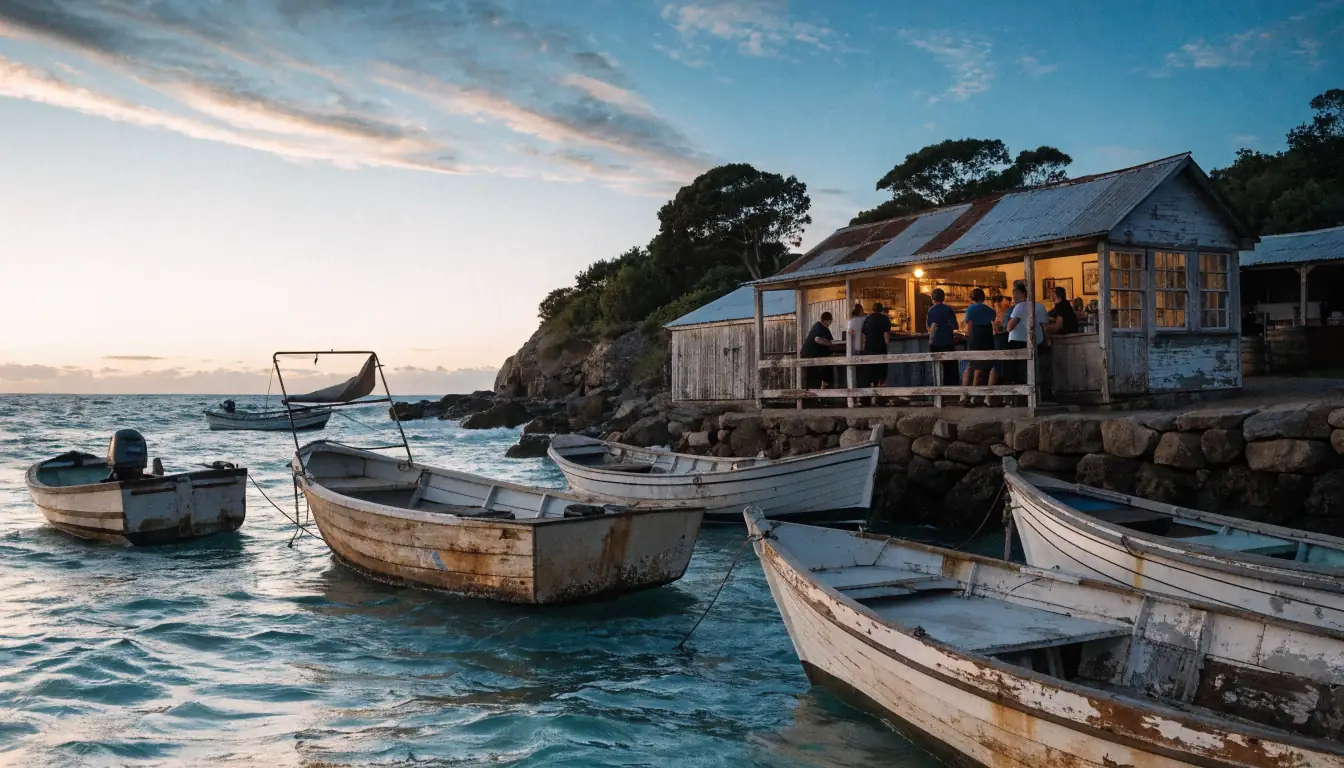 Australian beach with fishing boats and a twilight pub