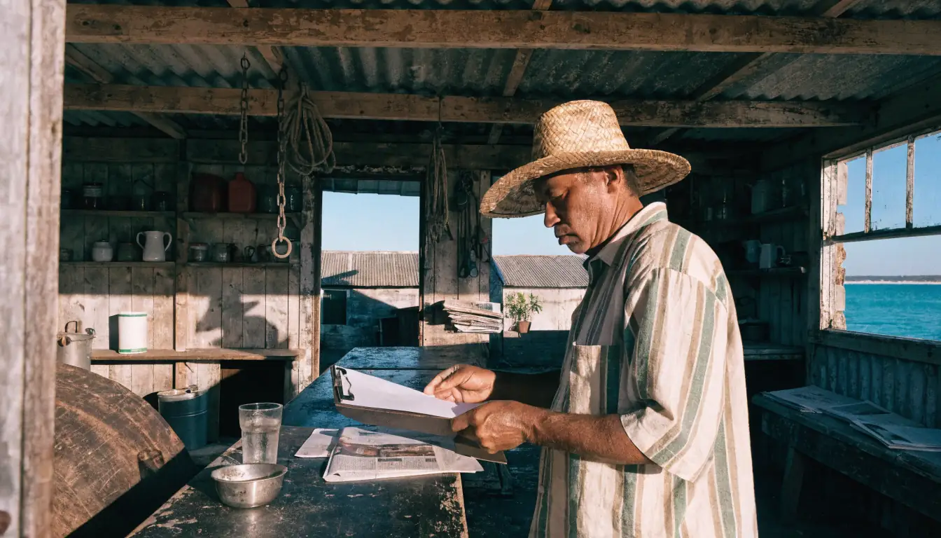 Shopkeeper reviewing paperwork inside a boat shed