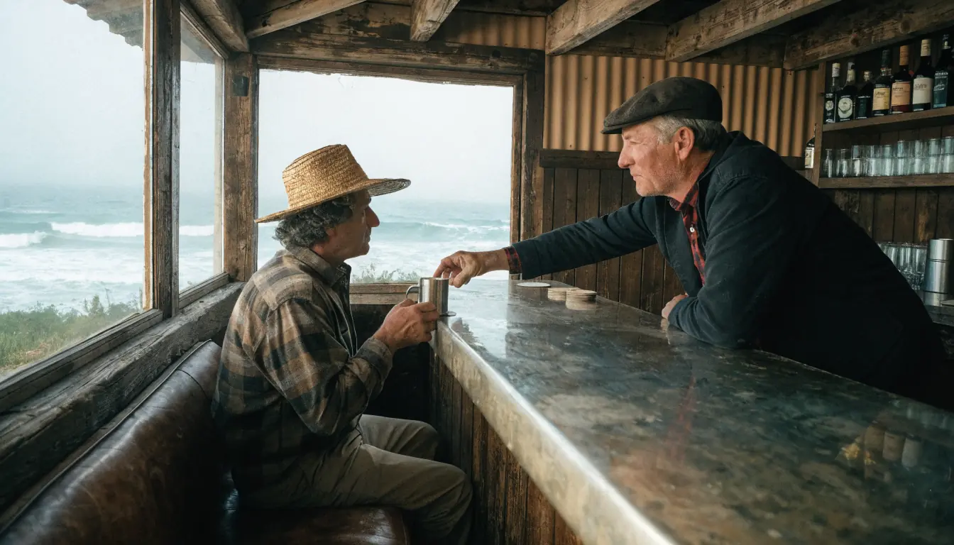 Bartender handing a coaster to a patron in foggy pub