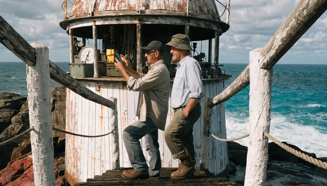 Two lighthouse workers, one checking a phone