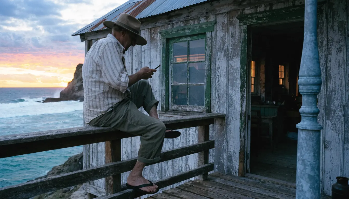 Person using phone for PayID on seaside verandah