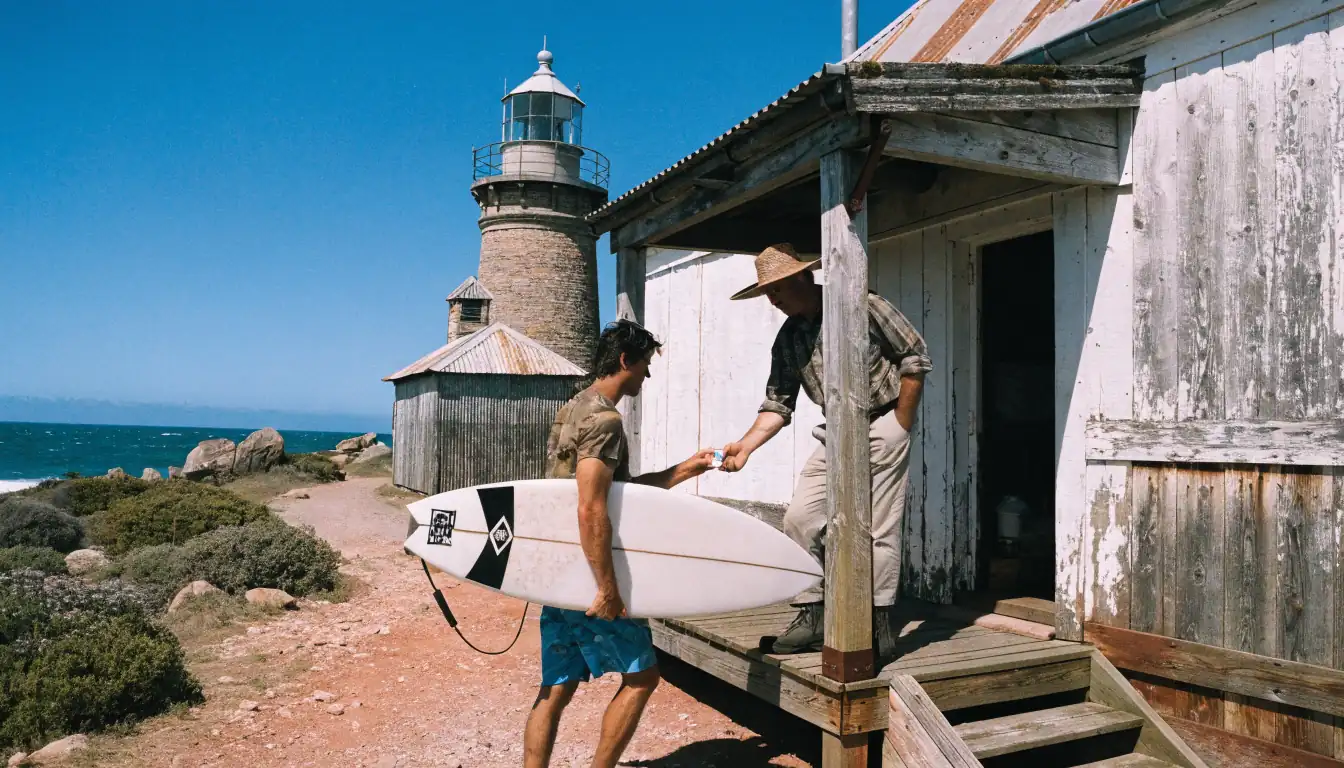Surfer handing card to lighthouse keeper