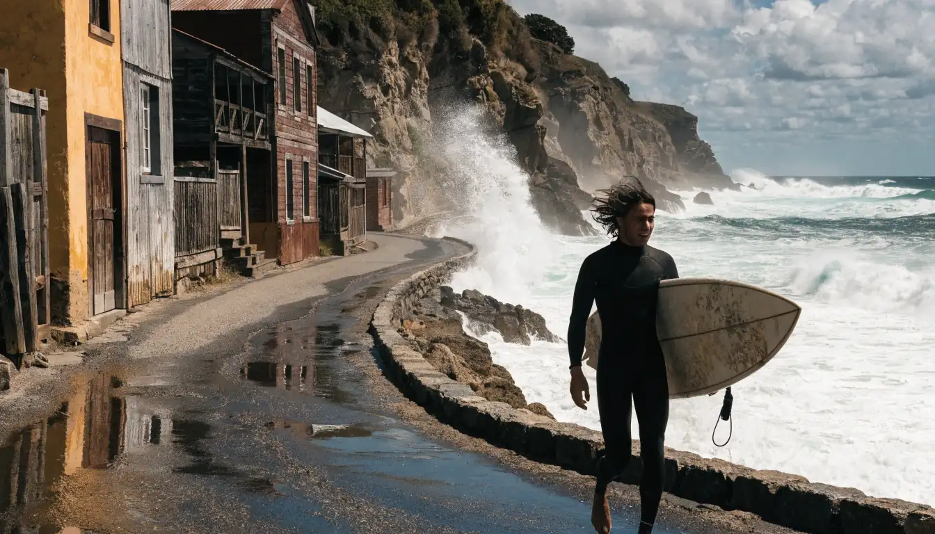 Surfer walking on cliff road with board at noon