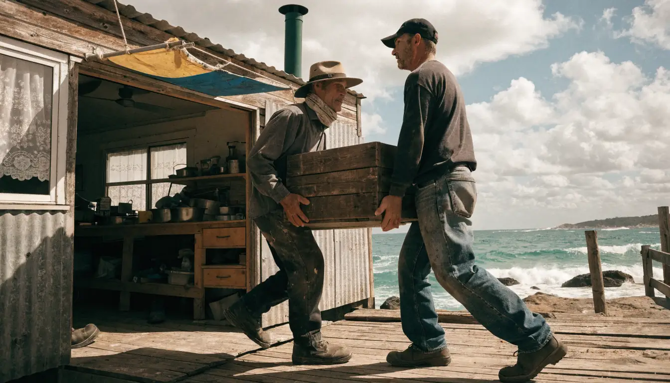 Two workers moving crate beside coastal trailer home