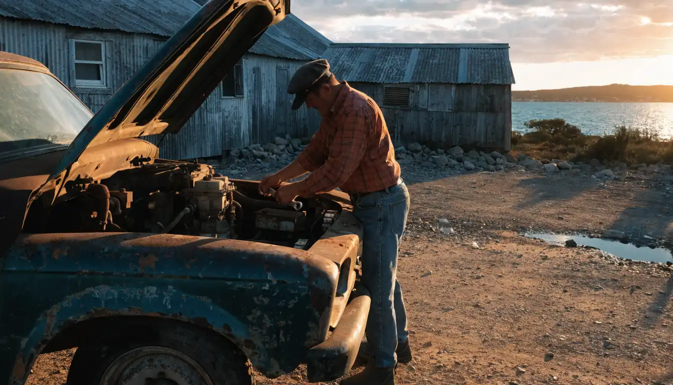 Mechanic repairing rusted ute in sunset yard