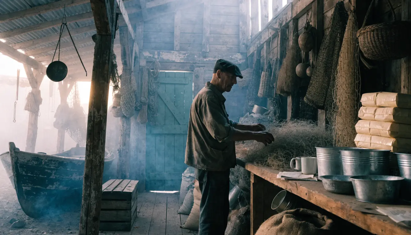 Shopkeeper behind counter in foggy boat shed