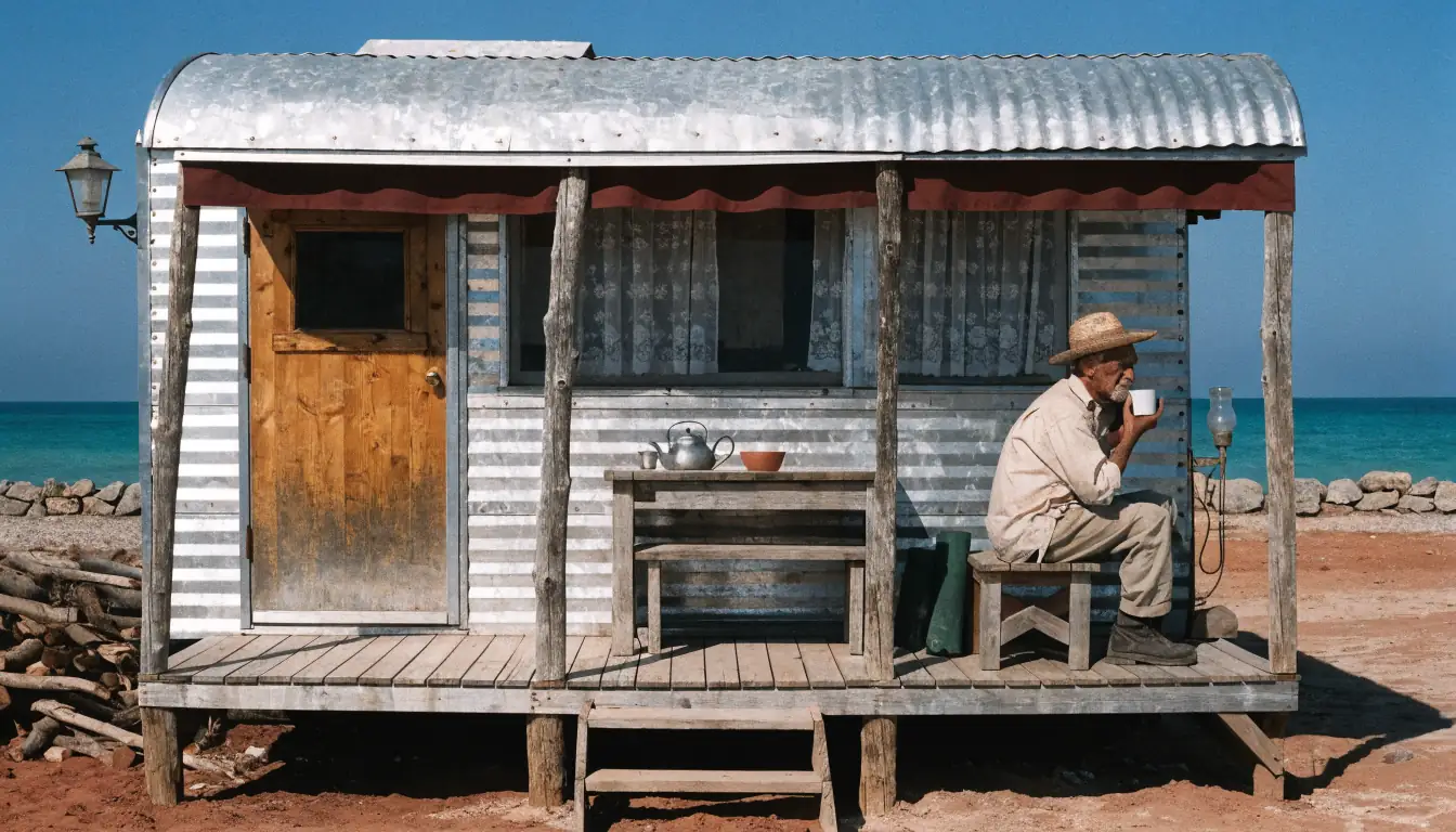 Person alone on verandah of coastal trailer home