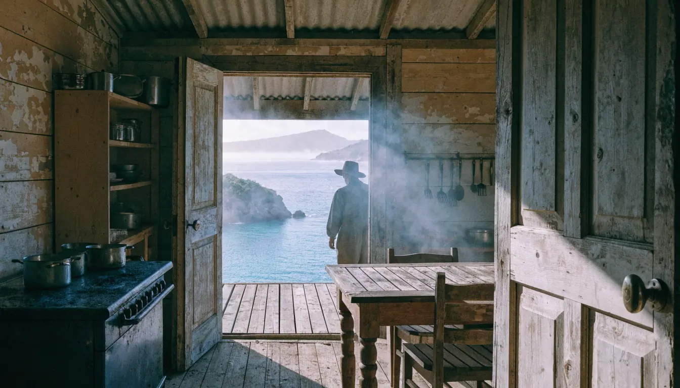 Person on verandah looking into kitchen of coastal homestead