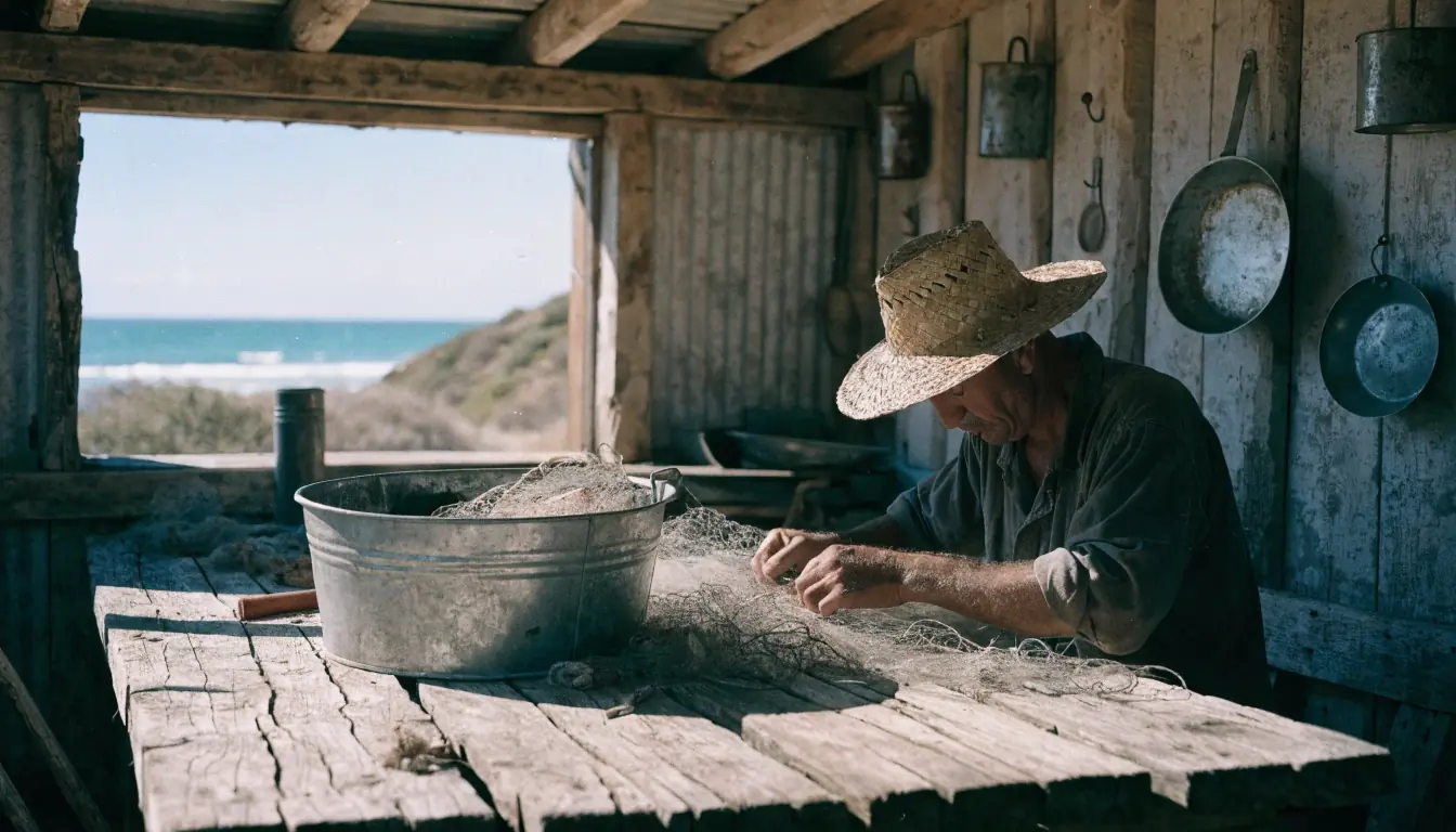 Fisherman in sunlit coastal shack