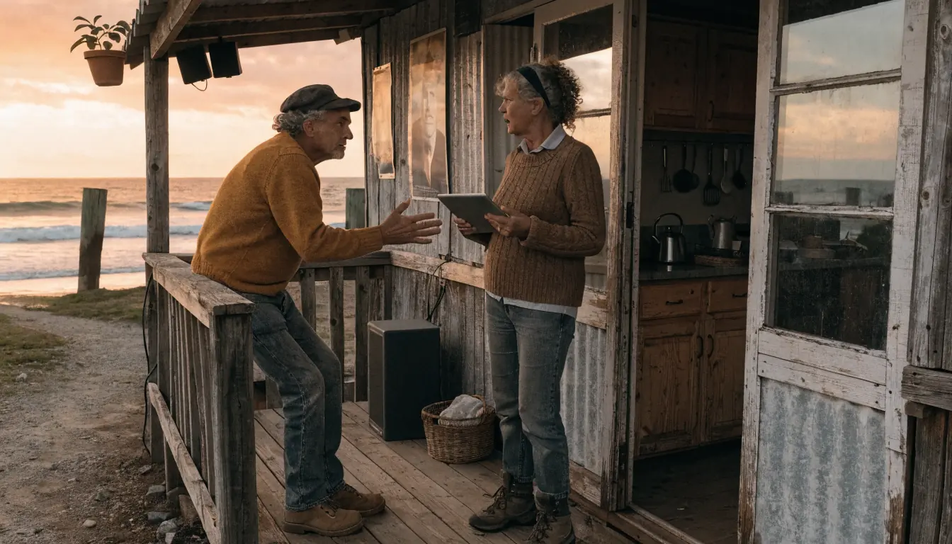 Two people discuss spins at sunset