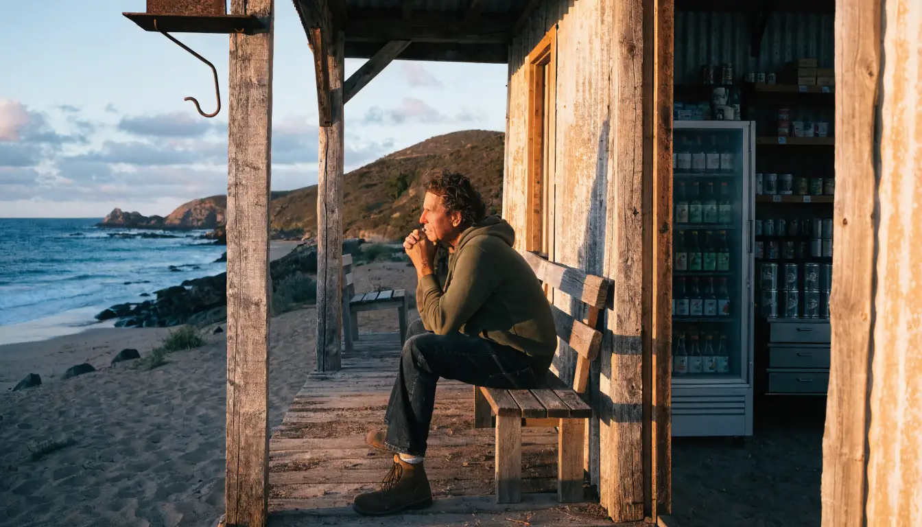 Person alone on verandah at sunset