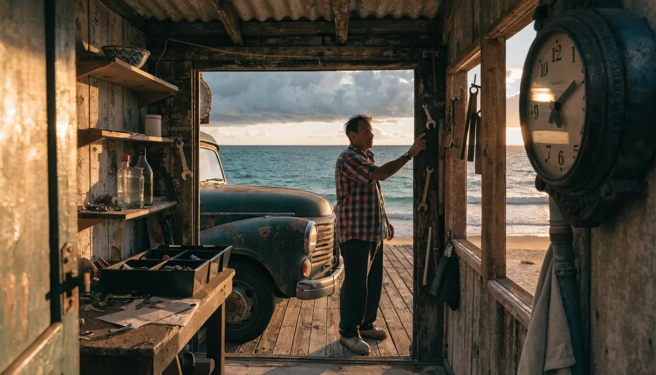 Mechanic glances at fading sunset clock