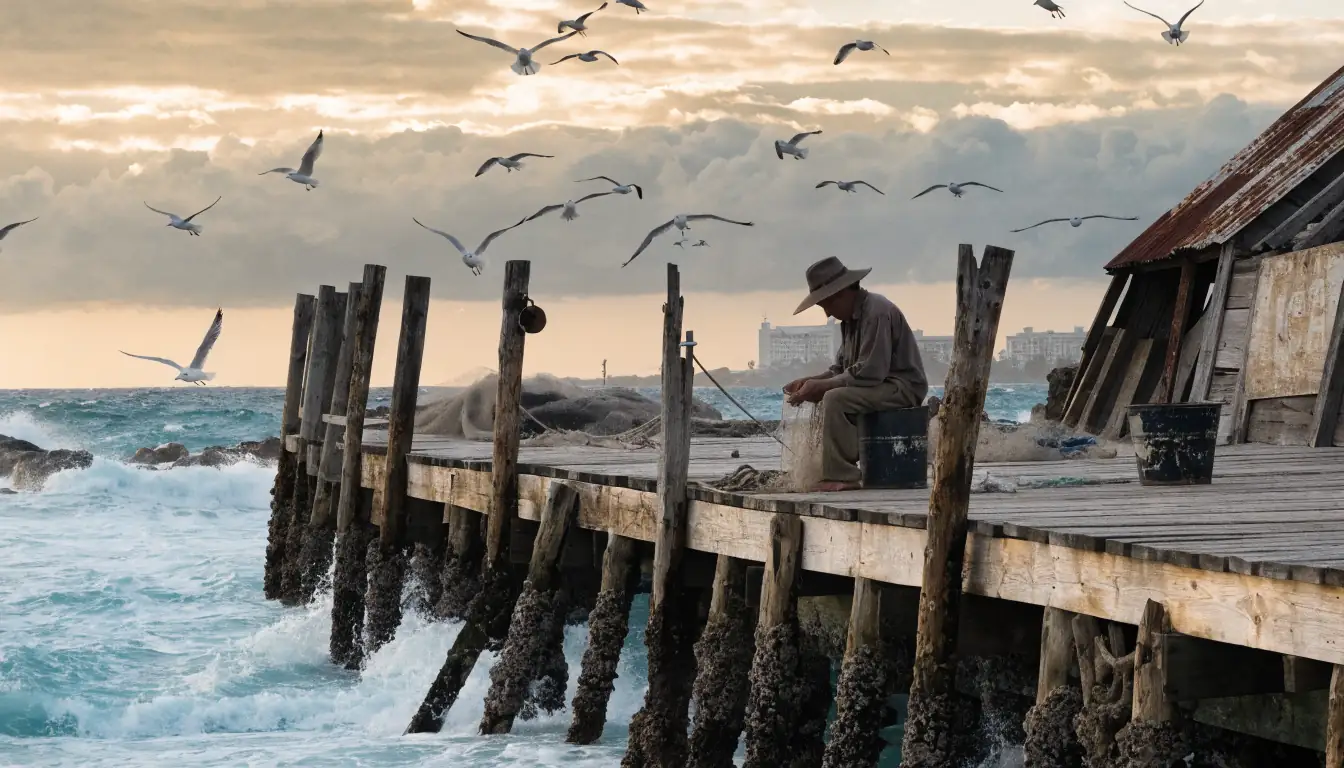 Fisherman on jetty under twilight sky
